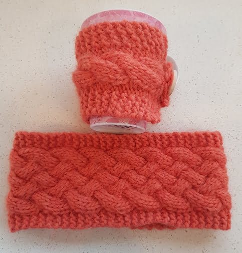 knitted headband and mug cosy